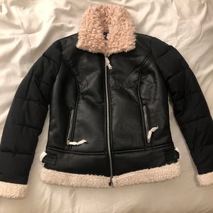 Faux leather puffer jacket with faux fur
